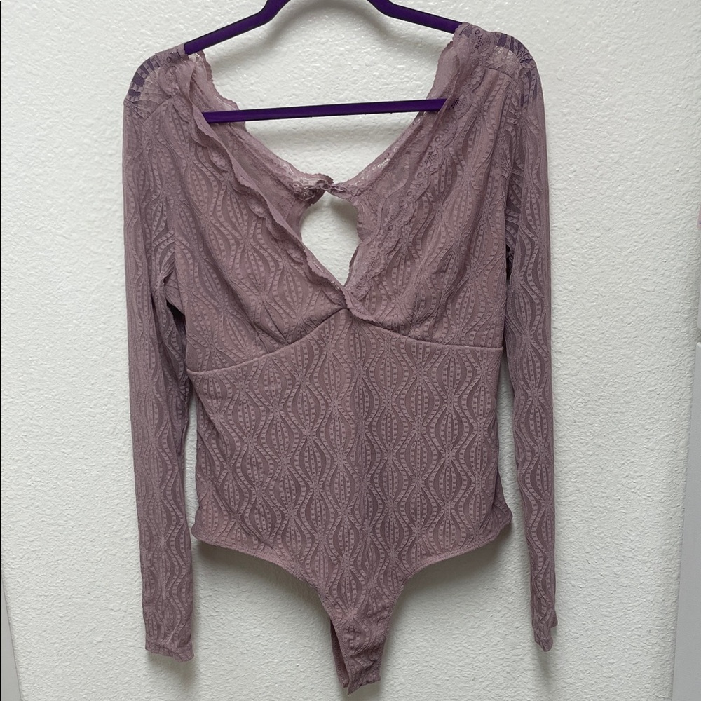 Willow + Root XL Dusty Rose Mauve Sexy Lace Long Sleeve Bodysuit Snap Closure